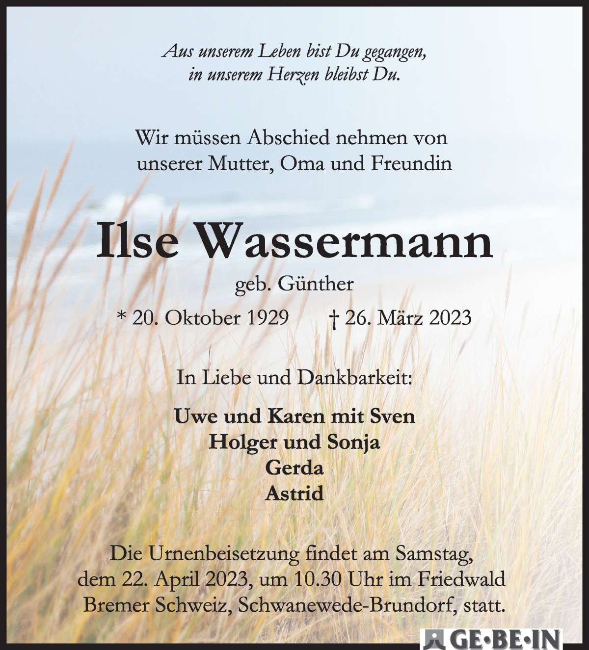 Traueranzeige von Ilse Wassermann von WESER-KURIER