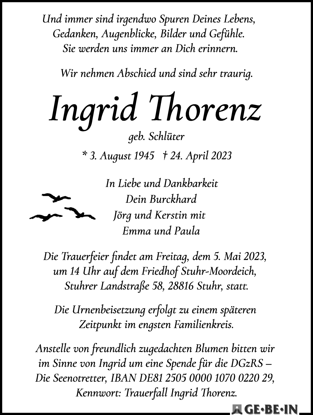 Traueranzeige von Ingrid Thorenz von WESER-KURIER