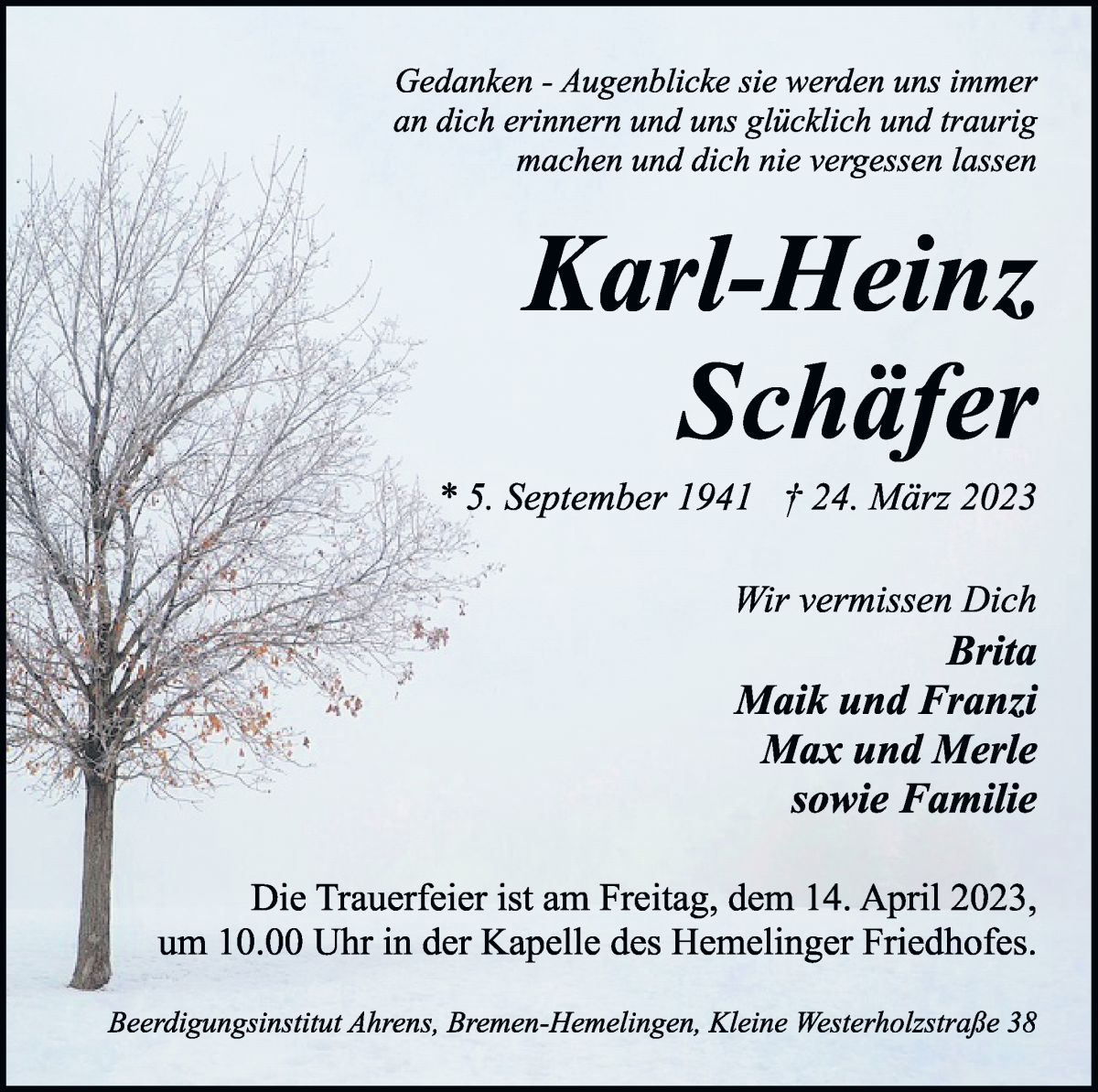 Traueranzeige von Karl-Heinz Schäfer von WESER-KURIER