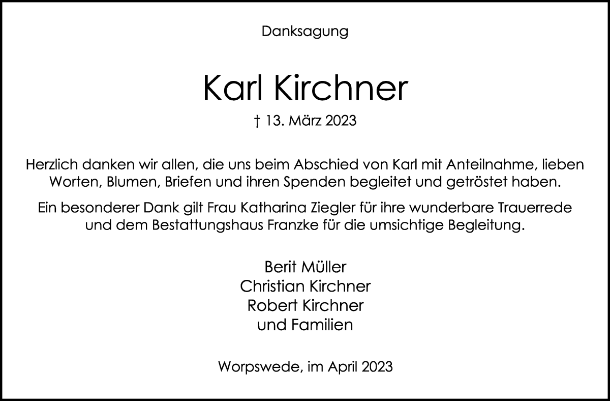 Traueranzeige von Karl Kirchner von Wuemme Zeitung