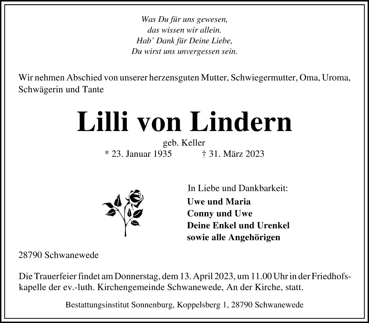 Traueranzeige von Lilli von Lindern von Die Norddeutsche