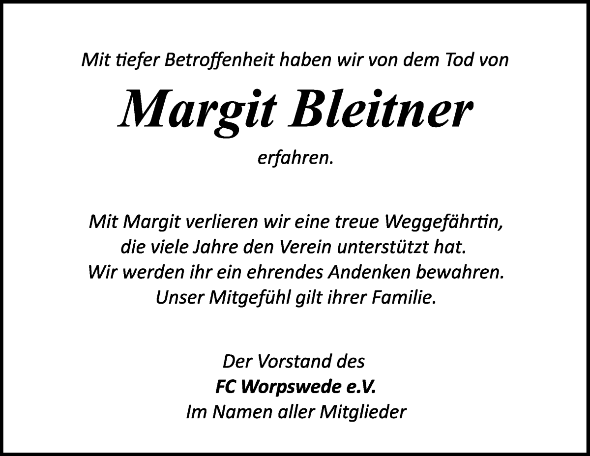 Traueranzeige von Margit Bleitner von Wuemme Zeitung