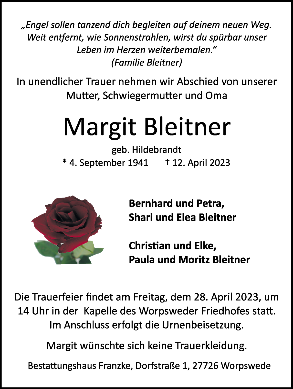 Traueranzeige von Margit Bleitner von Wuemme Zeitung