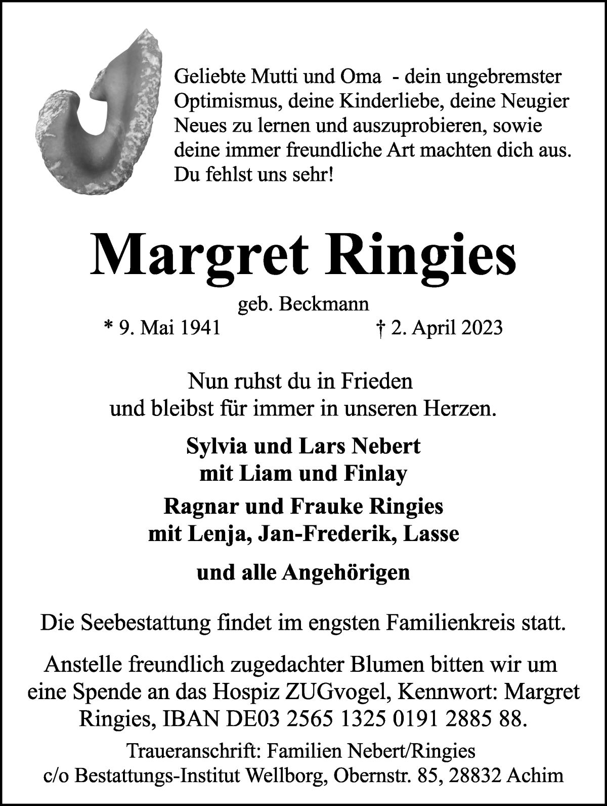 Traueranzeige von Margret Ringies von WESER-KURIER