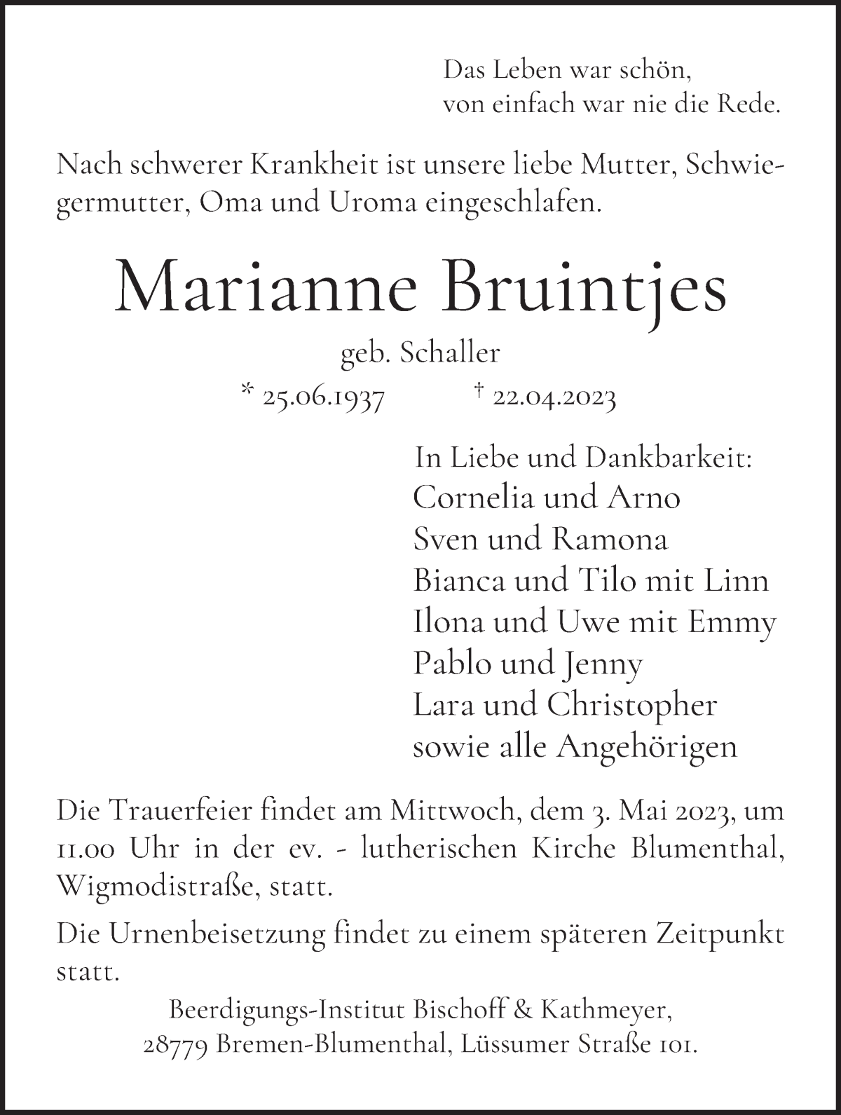 Traueranzeige von Marianne Bruintjes von Die Norddeutsche