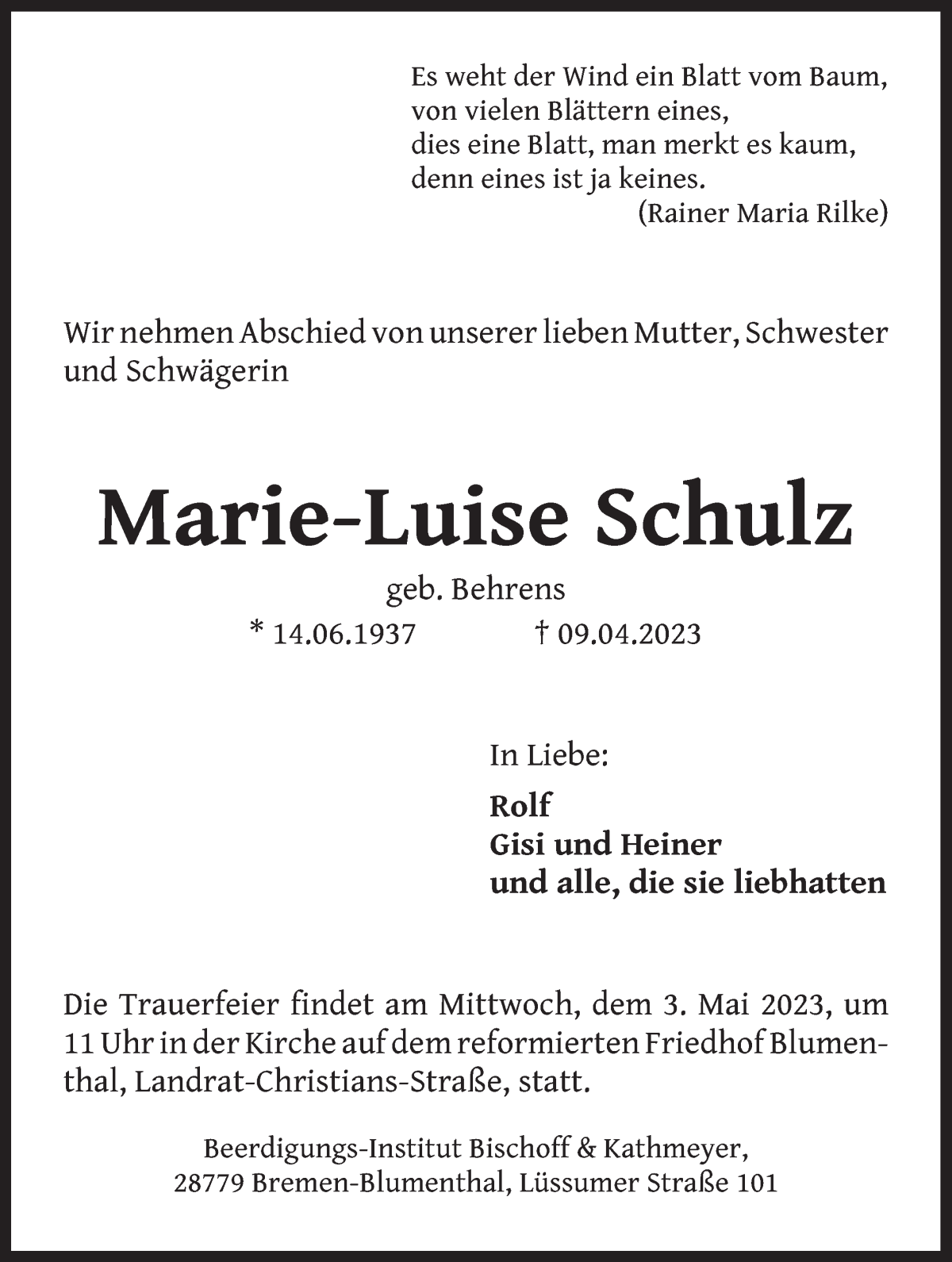 Traueranzeige von Marie-Luise Schulz von Die Norddeutsche