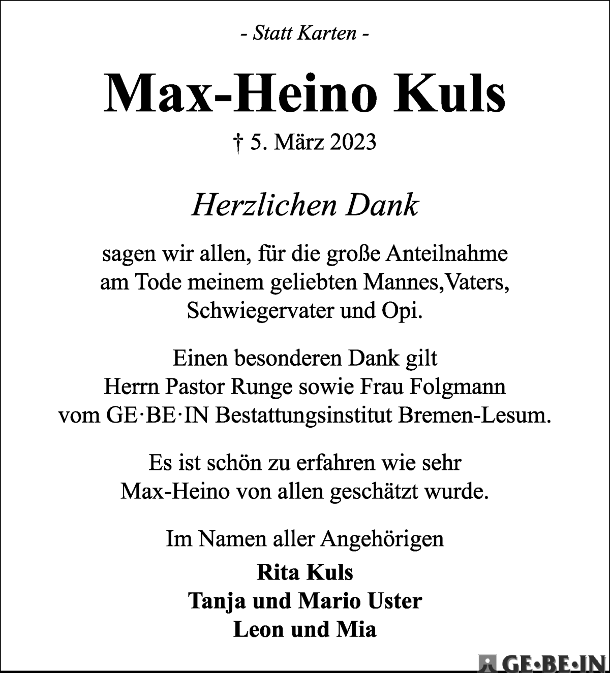  Traueranzeige für Max-Heino Kuls vom 15.04.2023 aus WESER-KURIER