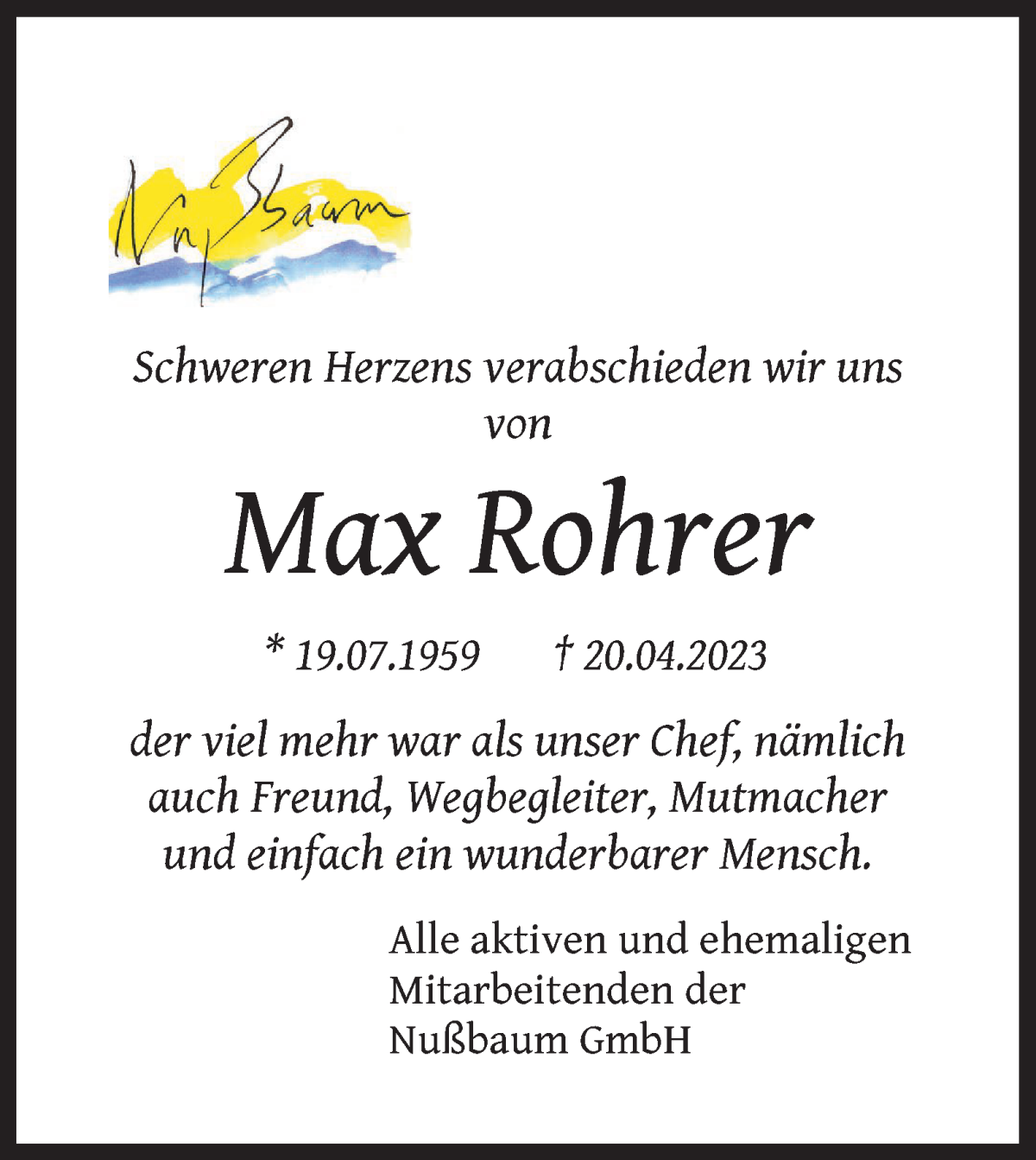  Traueranzeige für Max Rohrer vom 29.04.2023 aus WESER-KURIER