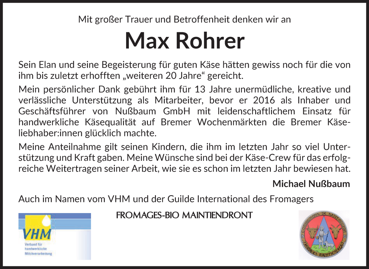  Traueranzeige für Max Rohrer vom 29.04.2023 aus WESER-KURIER