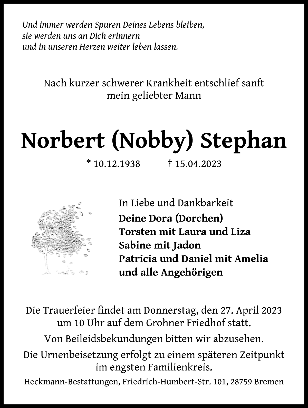 Traueranzeige von Norbert (Nobby) Stephan von Die Norddeutsche