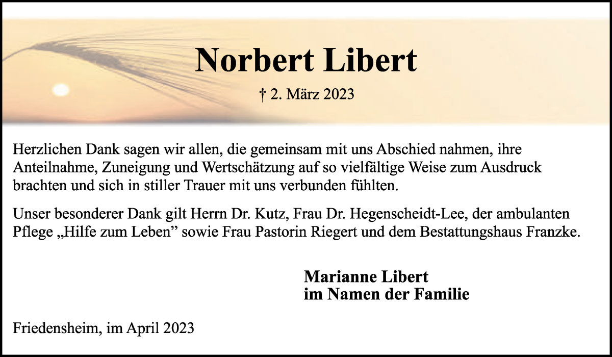 Traueranzeige von Norbert Libert von Osterholzer Kreisblatt