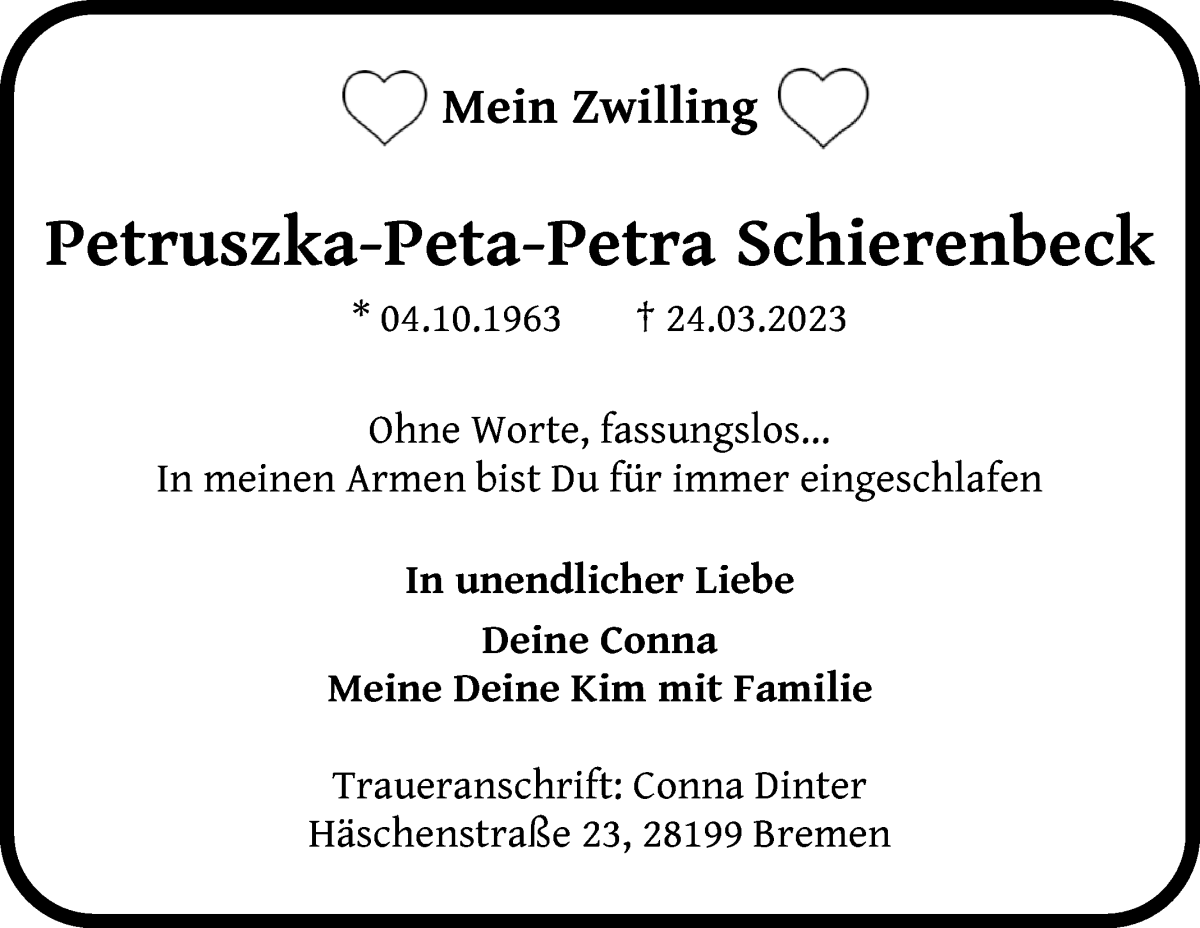  Traueranzeige für Petruszka Schierenbeck vom 15.04.2023 aus WESER-KURIER