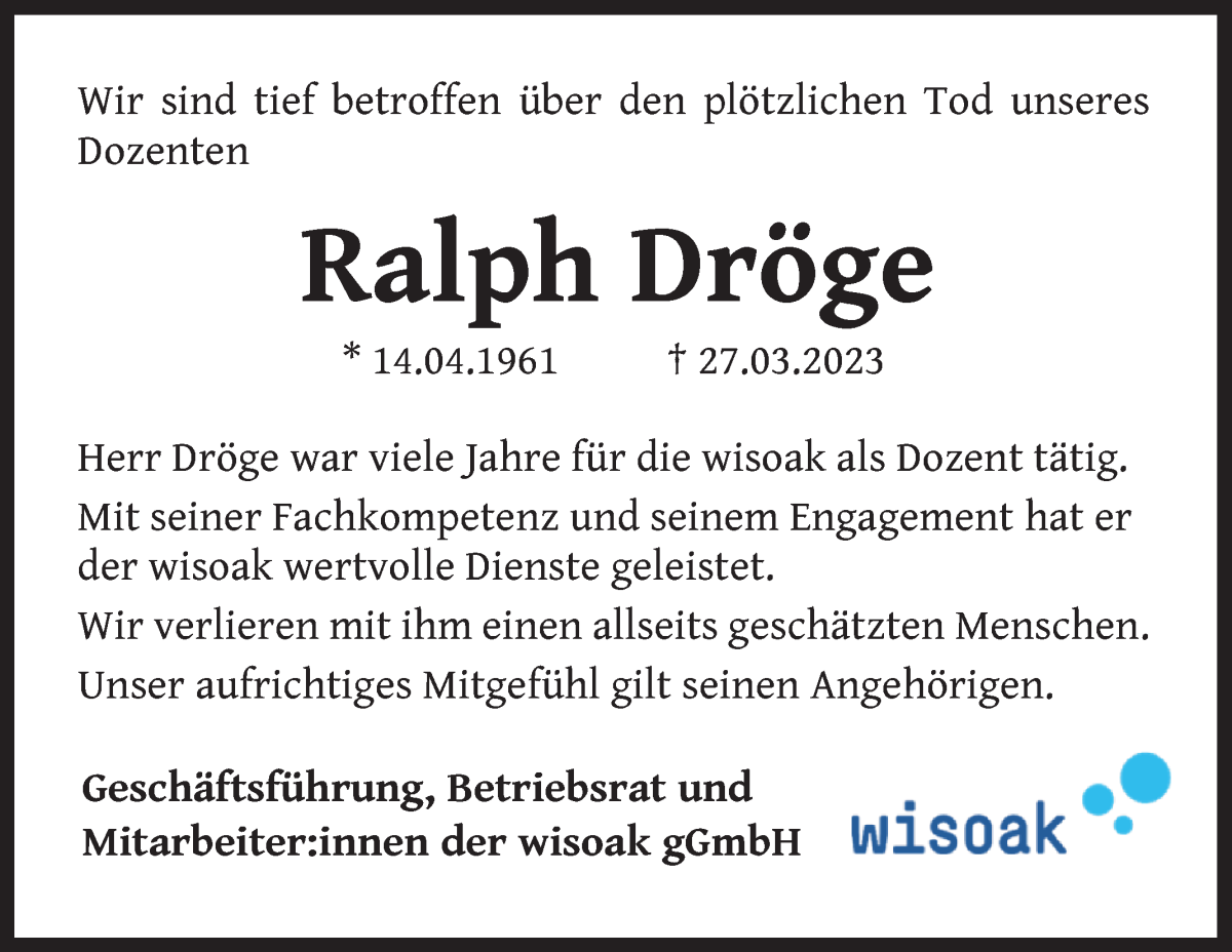 Traueranzeige für Ralph Dröge vom 08.04.2023 aus WESER-KURIER