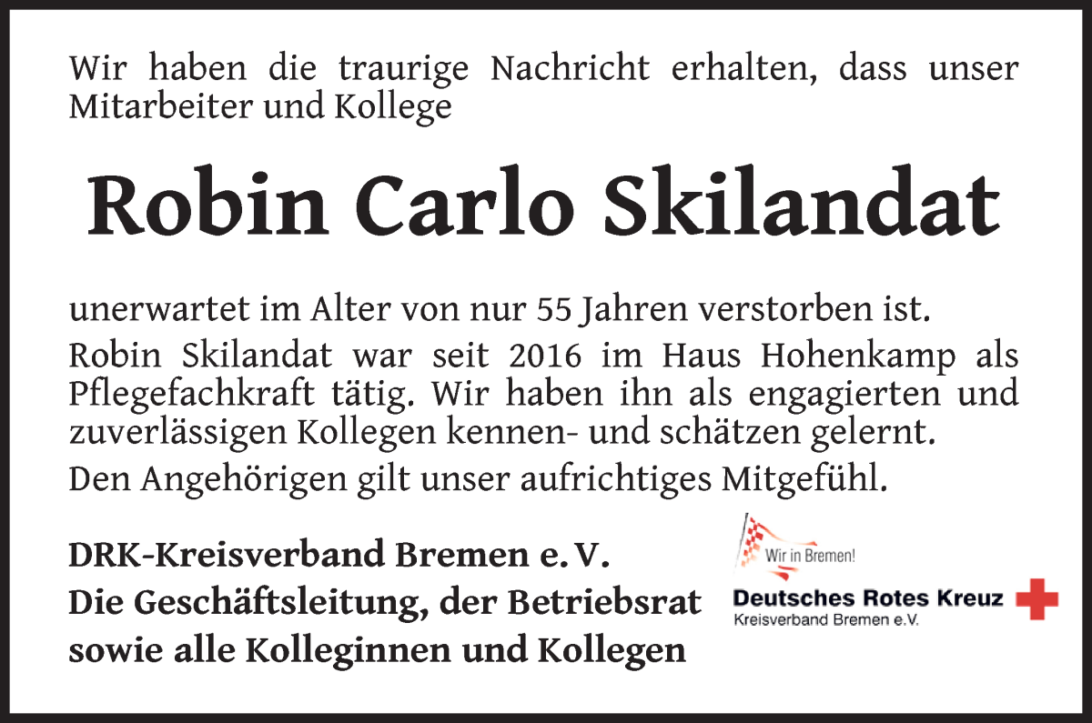  Traueranzeige für Robin Carlo Skilandat vom 01.04.2023 aus WESER-KURIER