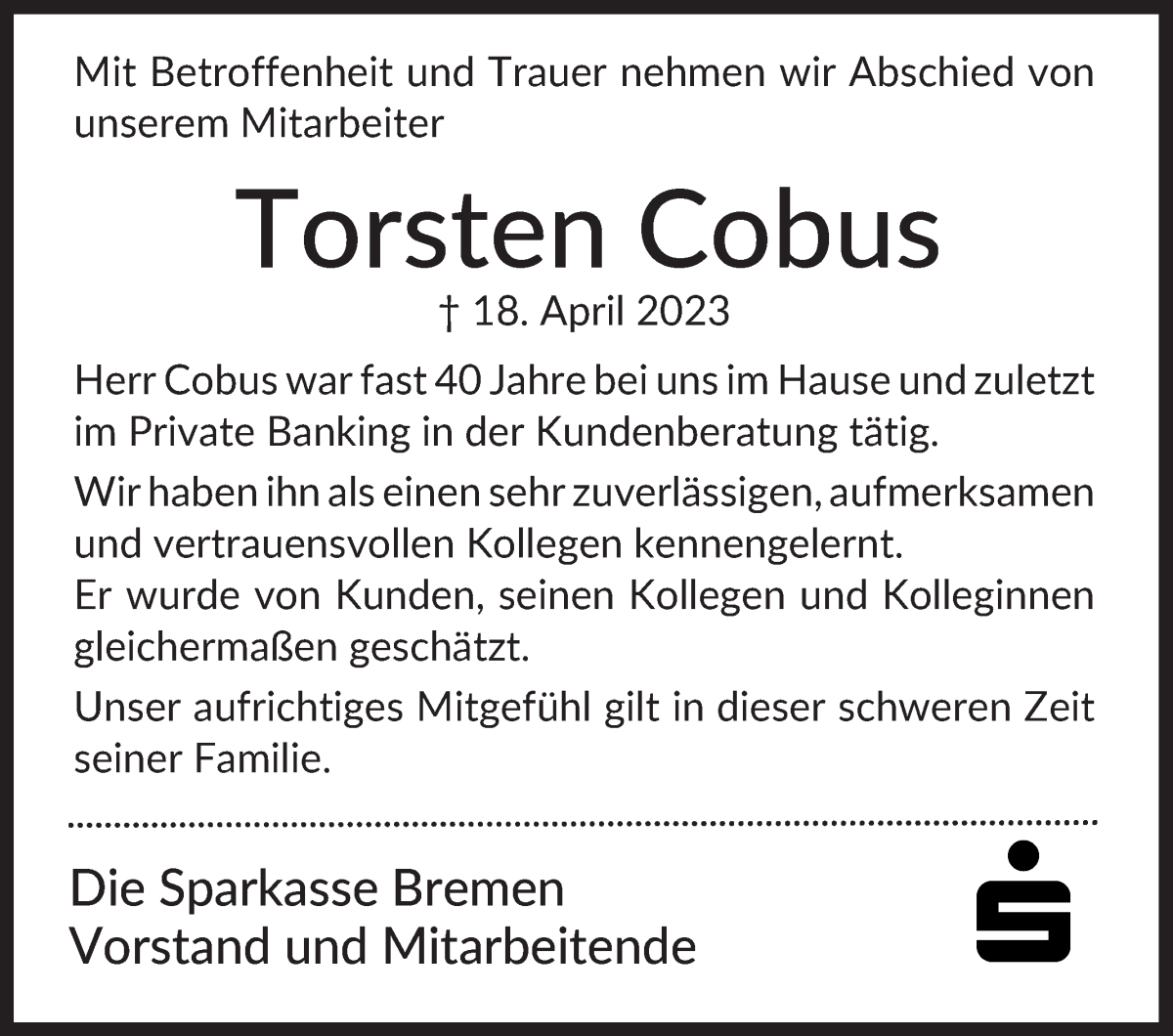  Traueranzeige für Torsten Cobus vom 29.04.2023 aus WESER-KURIER