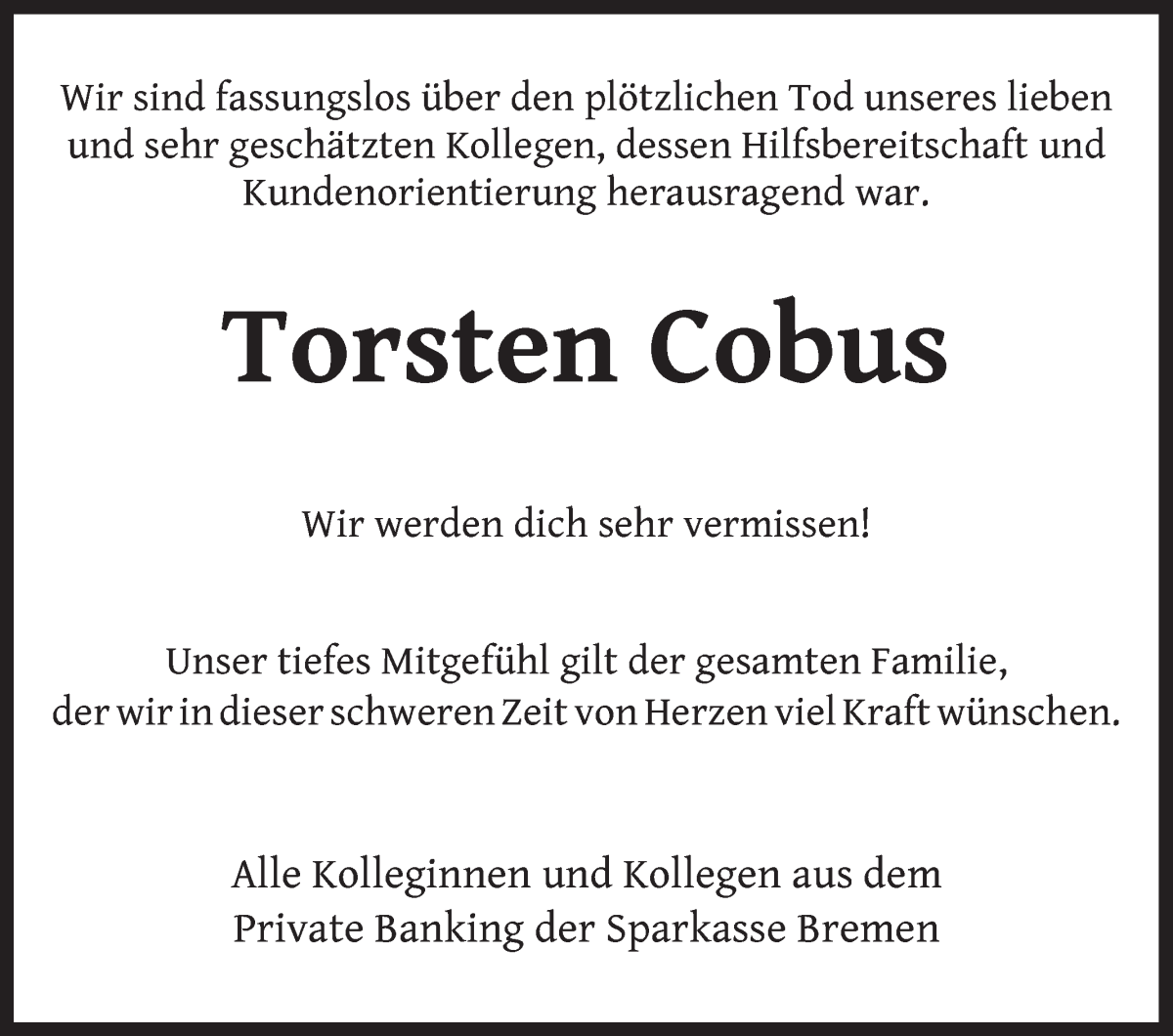  Traueranzeige für Torsten Cobus vom 29.04.2023 aus WESER-KURIER