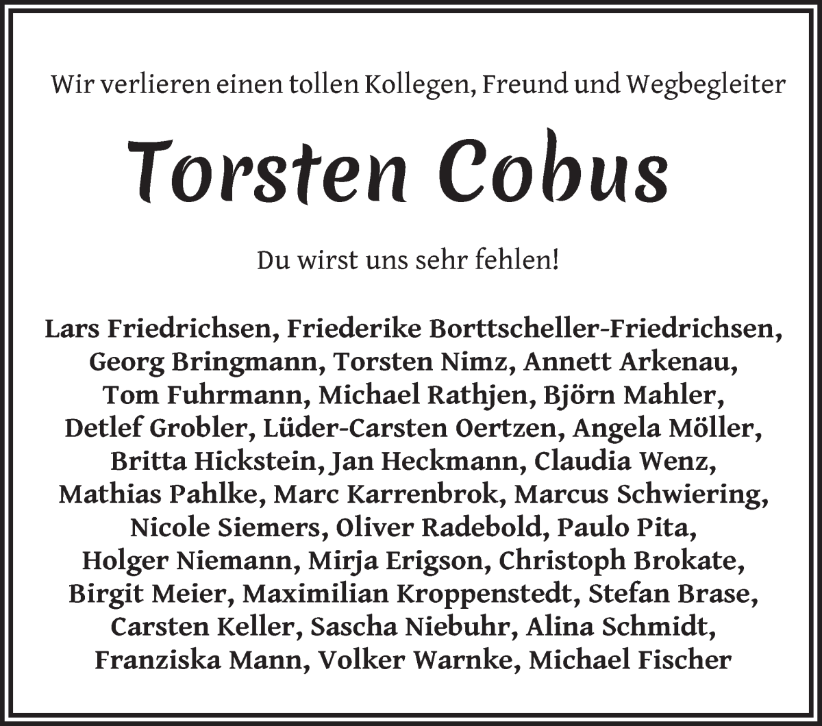  Traueranzeige für Torsten Cobus vom 29.04.2023 aus WESER-KURIER