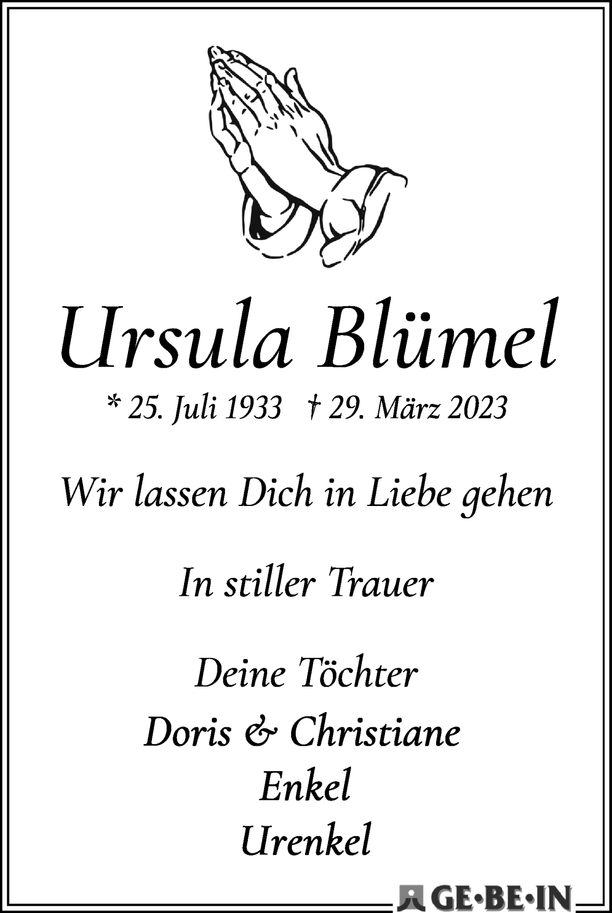  Traueranzeige für Ursula Blümel vom 08.04.2023 aus WESER-KURIER