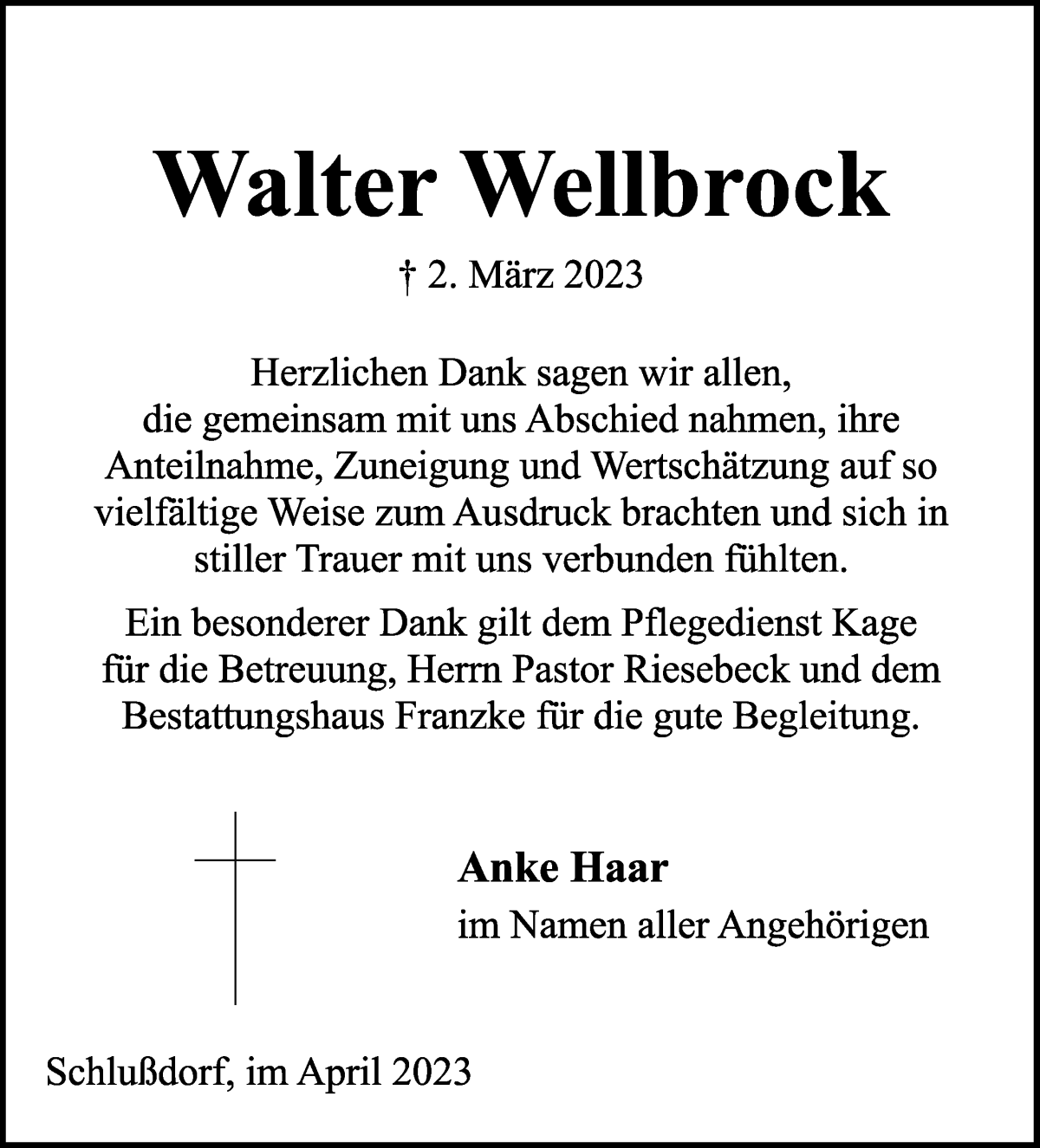 Traueranzeige von Walter Wellbrock von Wuemme Zeitung