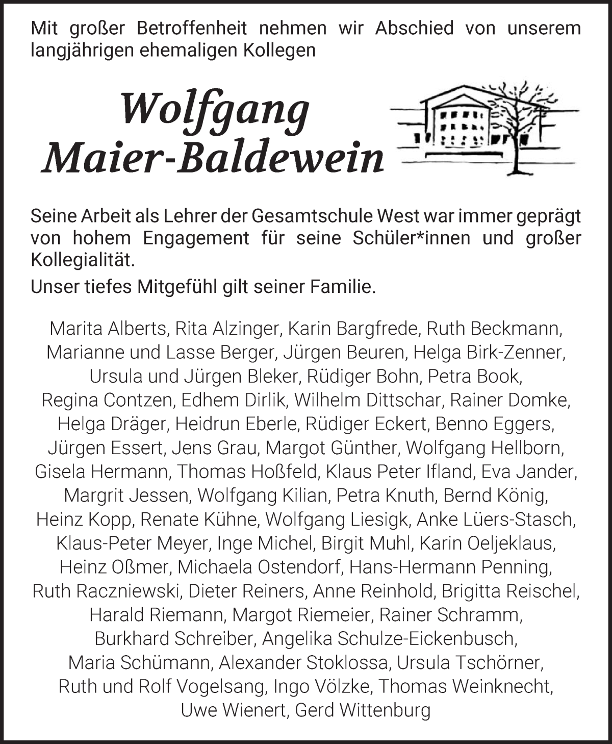 Traueranzeige von Wolfgang Maier-Baldewein von WESER-KURIER