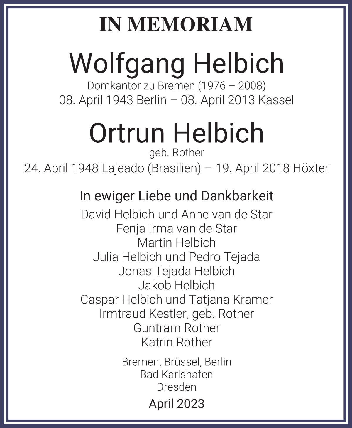 Traueranzeige von Wolfgang und Ortun Helbich von WESER-KURIER