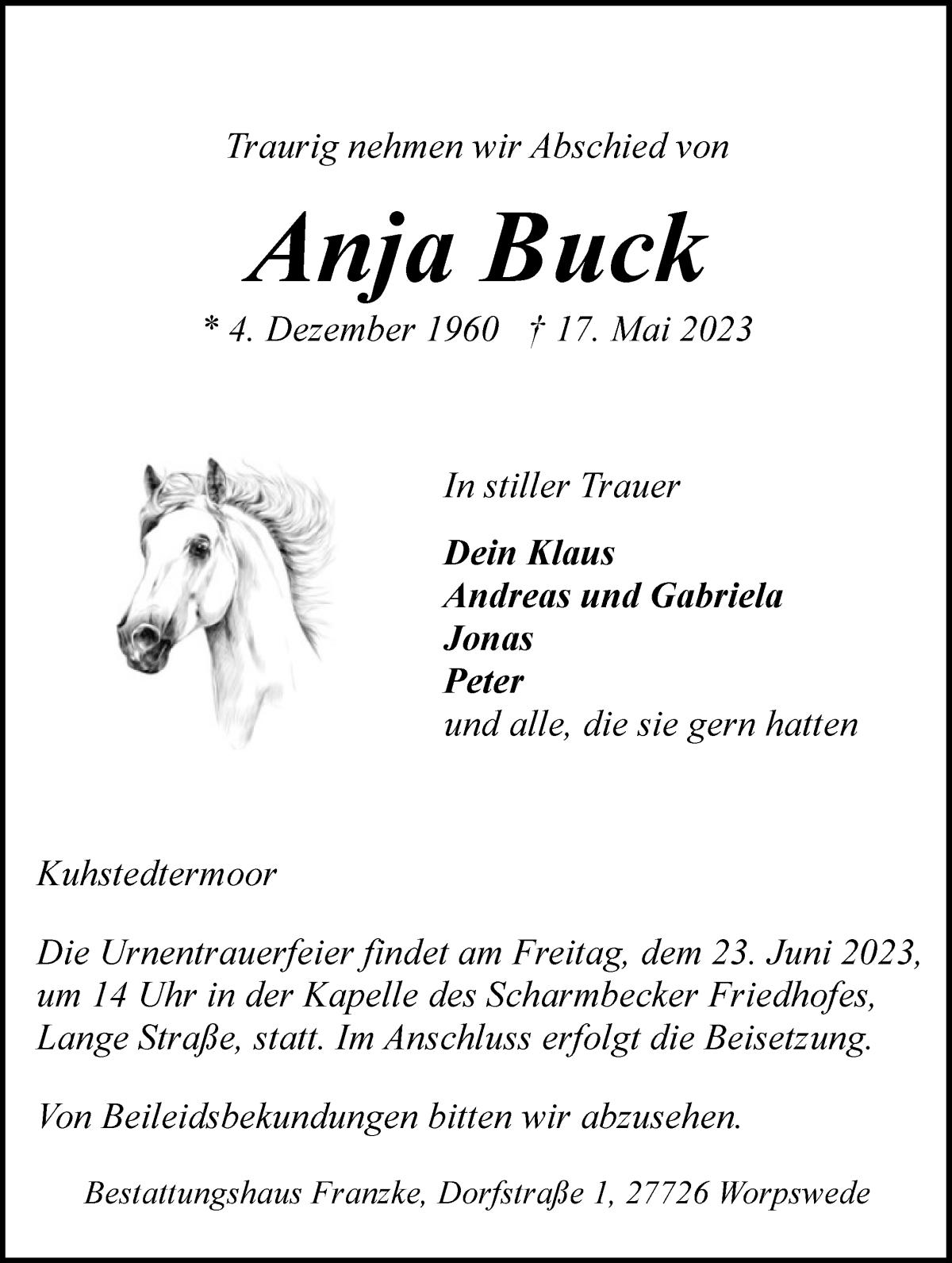 Traueranzeige von Anja Buck von Osterholzer Kreisblatt