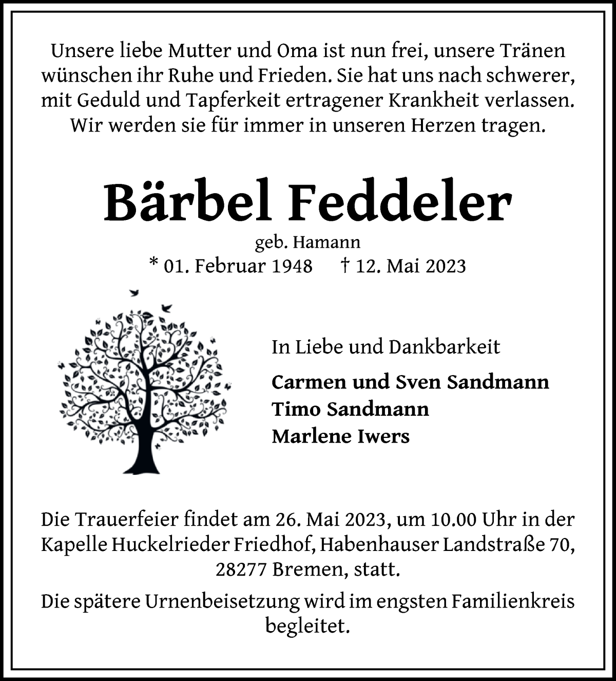  Traueranzeige für Bärbel Feddeler vom 20.05.2023 aus WESER-KURIER
