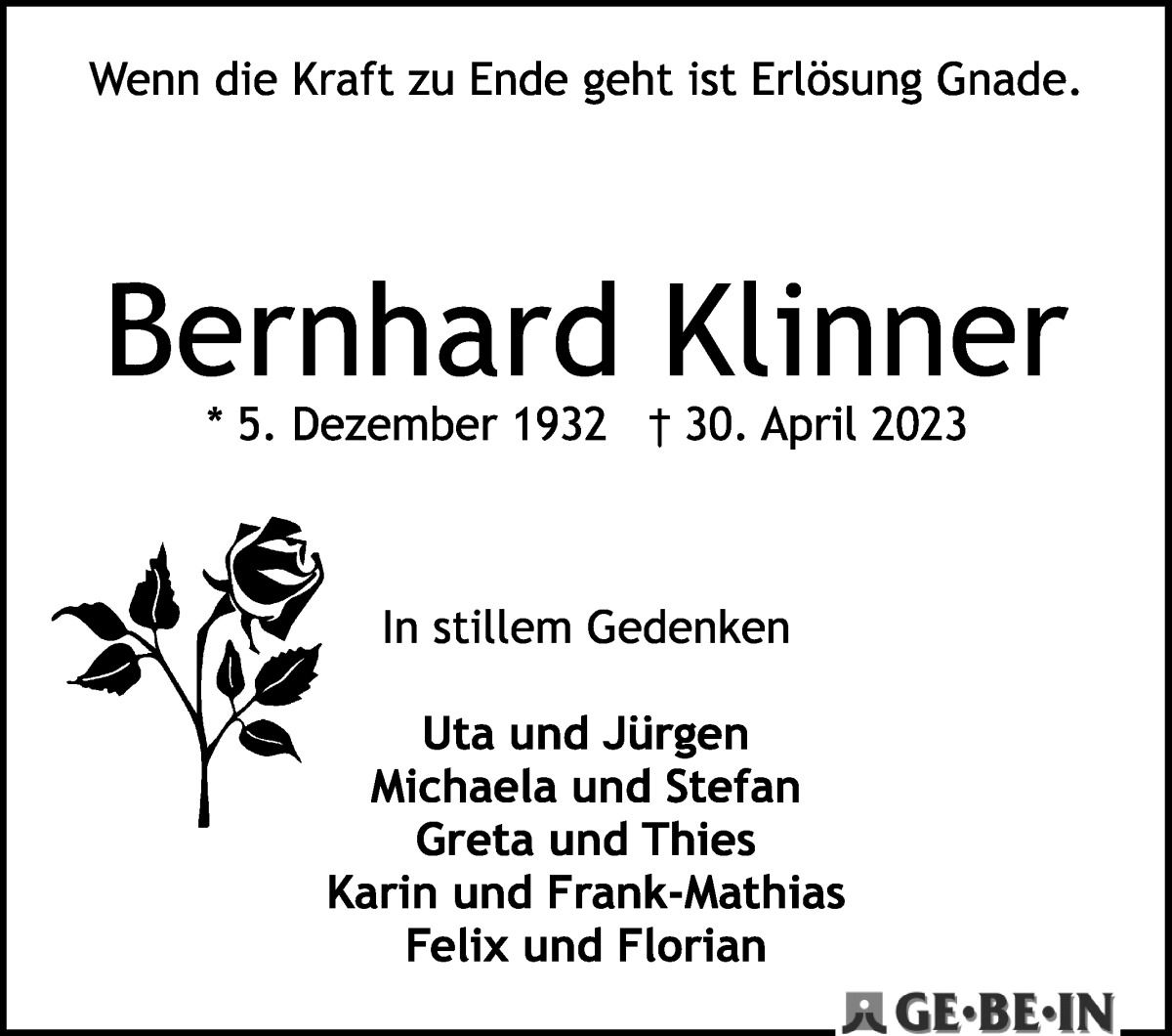 Traueranzeige von Bernhard Klinner von WESER-KURIER