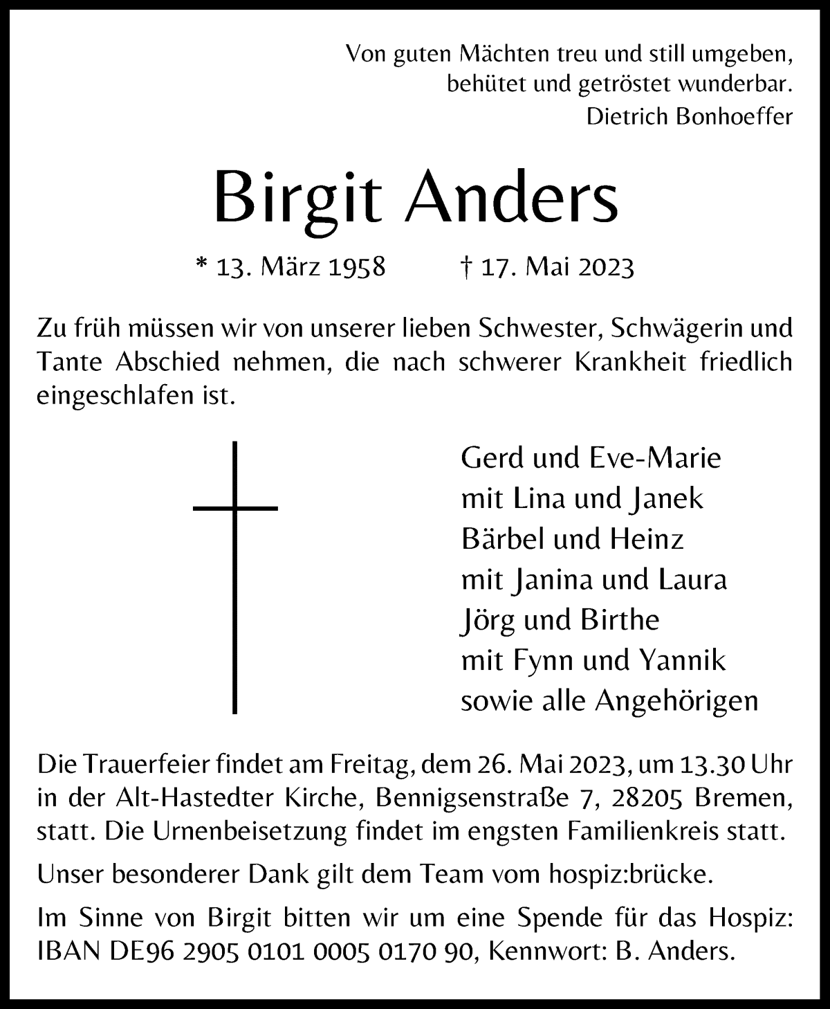  Traueranzeige für Birgit Anders vom 24.05.2023 aus WESER-KURIER