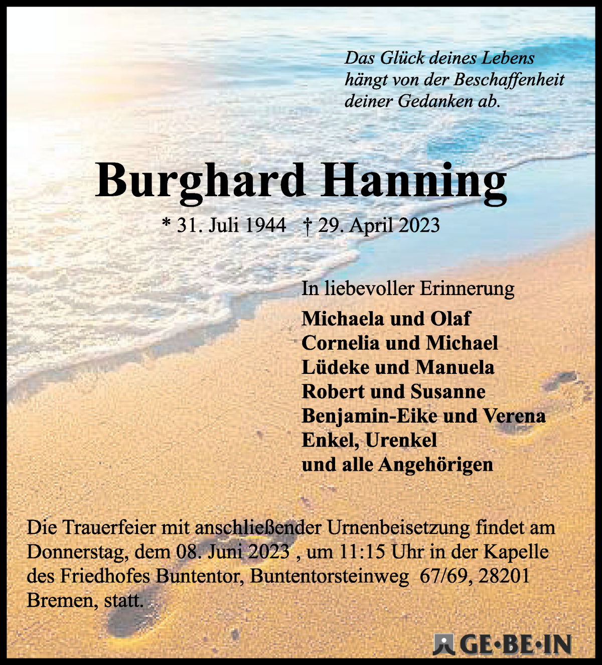  Traueranzeige für Burghard Hanning vom 13.05.2023 aus WESER-KURIER