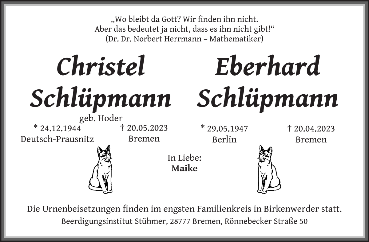 Traueranzeige von Christel und Eberhard Schlüpmann von Die Norddeutsche