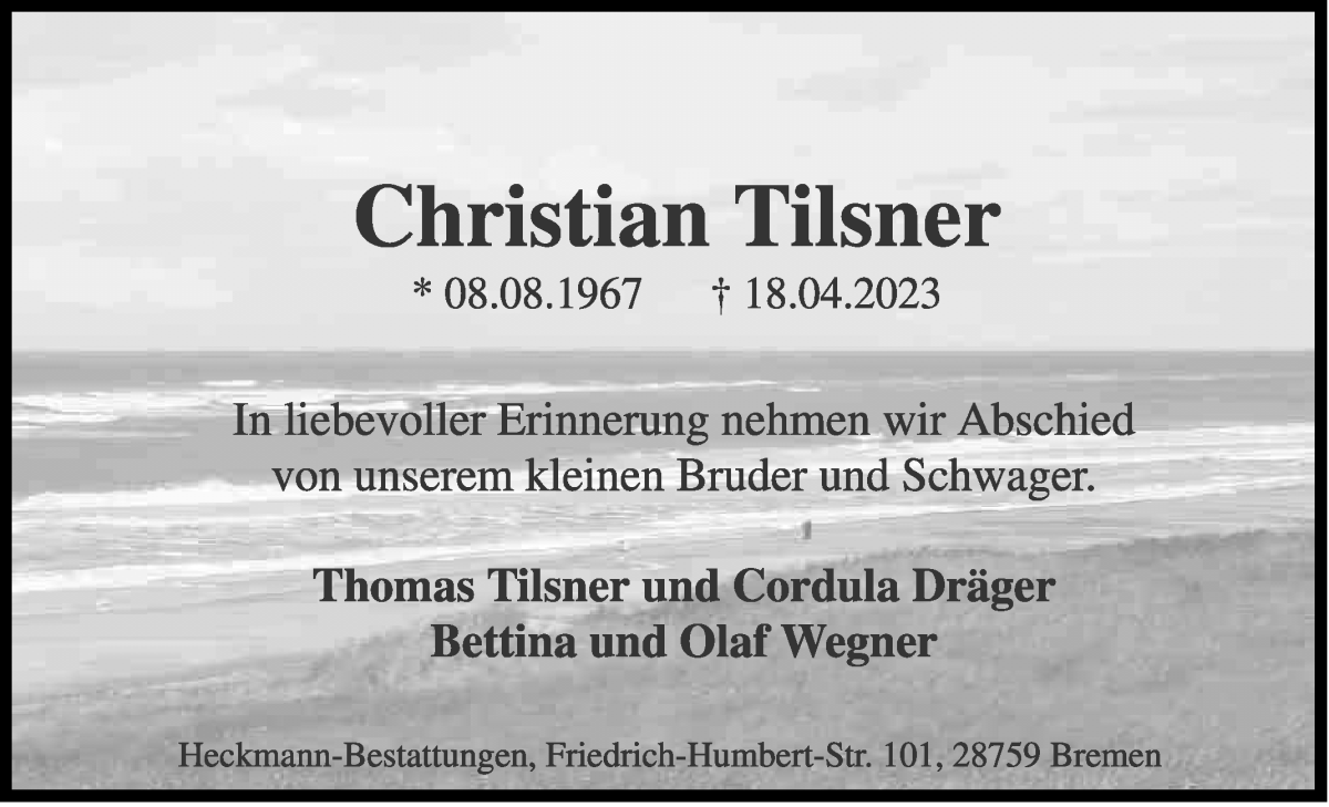 Traueranzeige von Christian Tilsner von WESER-KURIER