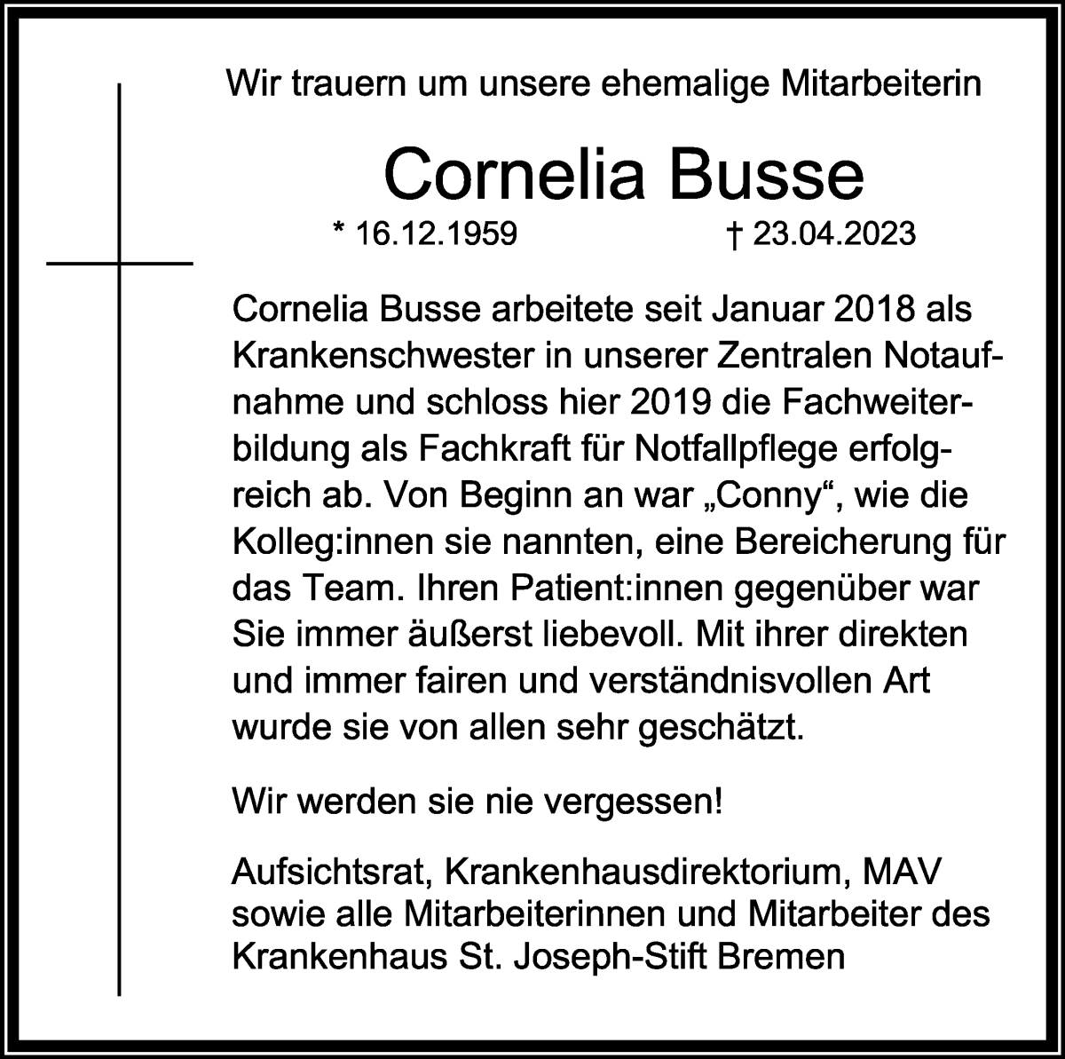  Traueranzeige für Cornelia Busse vom 06.05.2023 aus WESER-KURIER