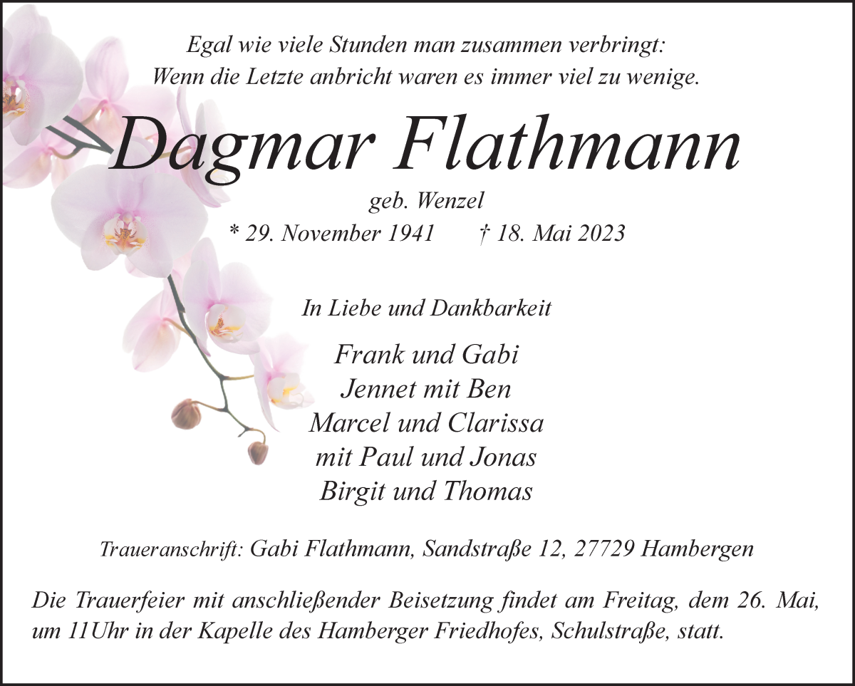  Traueranzeige für Dagmar Flathmann vom 23.05.2023 aus Osterholzer Kreisblatt