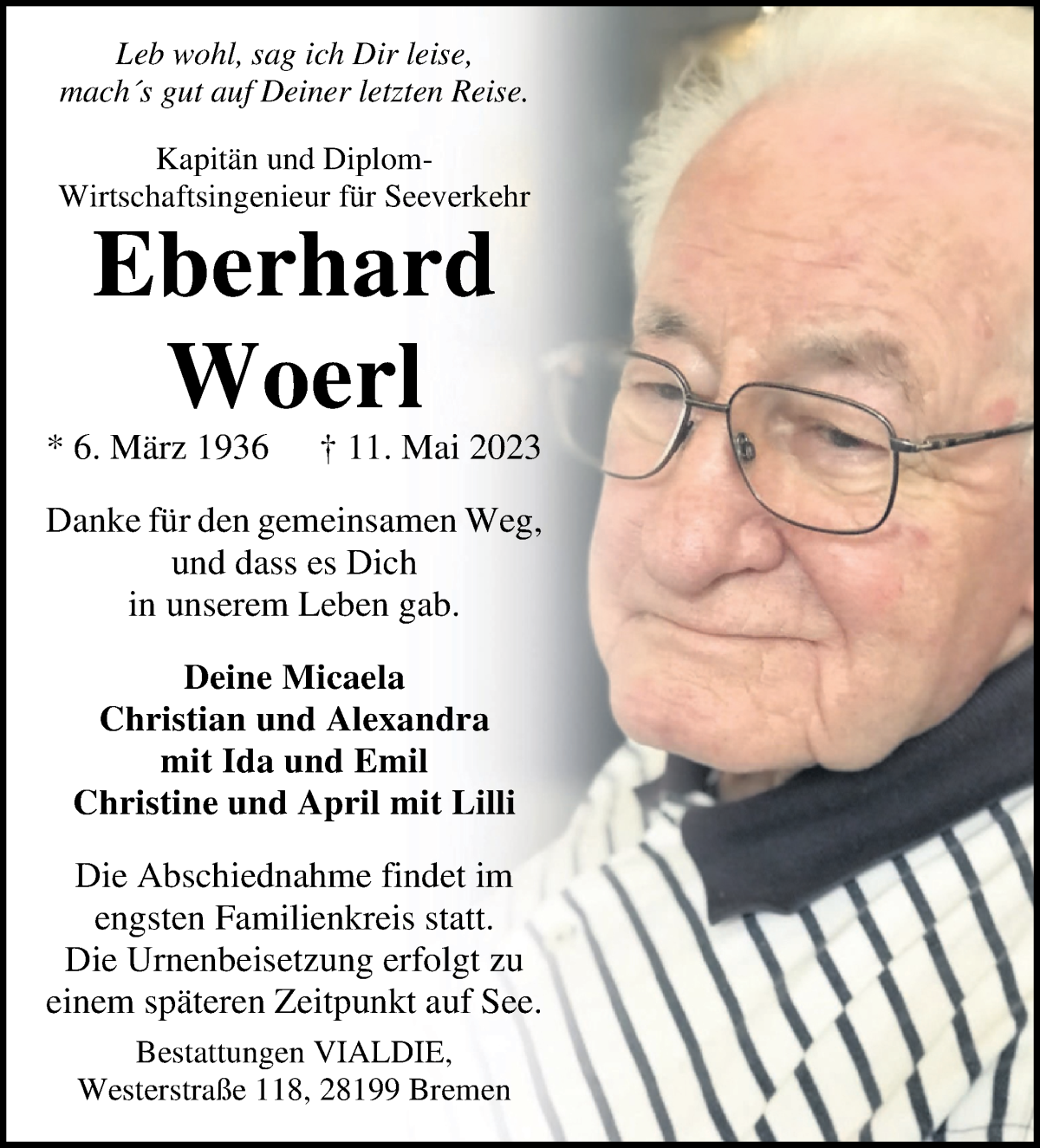  Traueranzeige für Eberhard Woerl vom 20.05.2023 aus WESER-KURIER