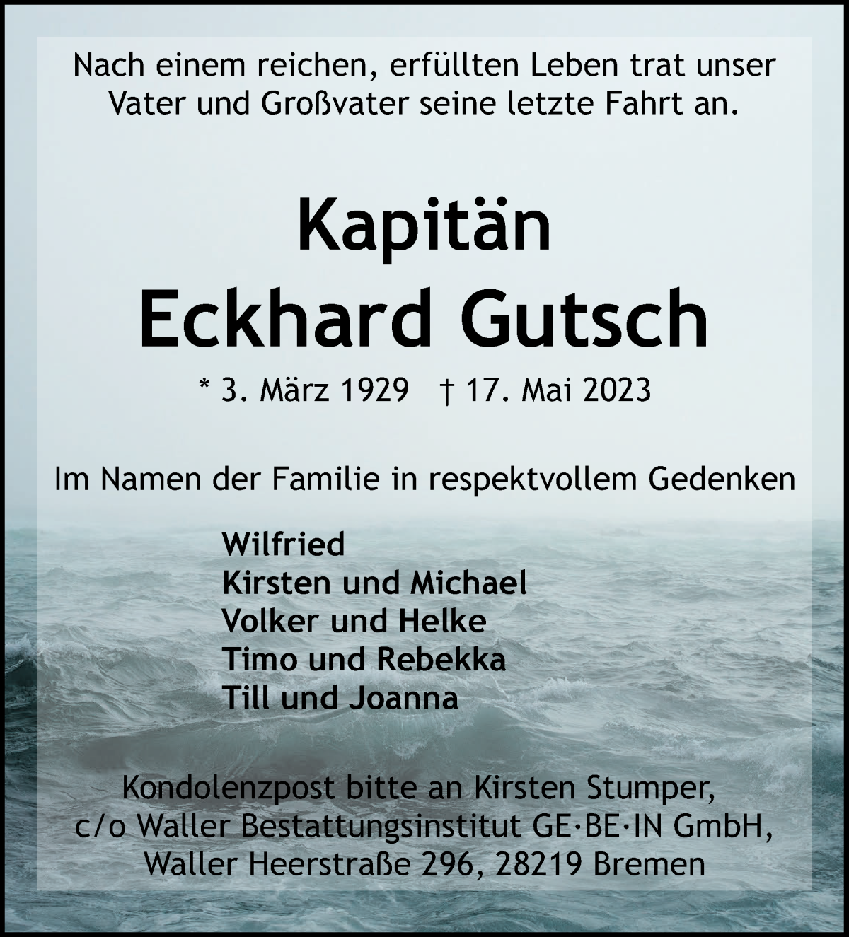 Traueranzeige von Eckhard Gutsch von WESER-KURIER