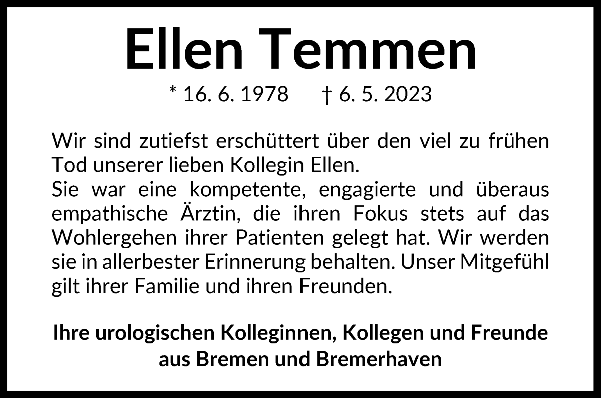  Traueranzeige für Ellen Temmen vom 20.05.2023 aus WESER-KURIER