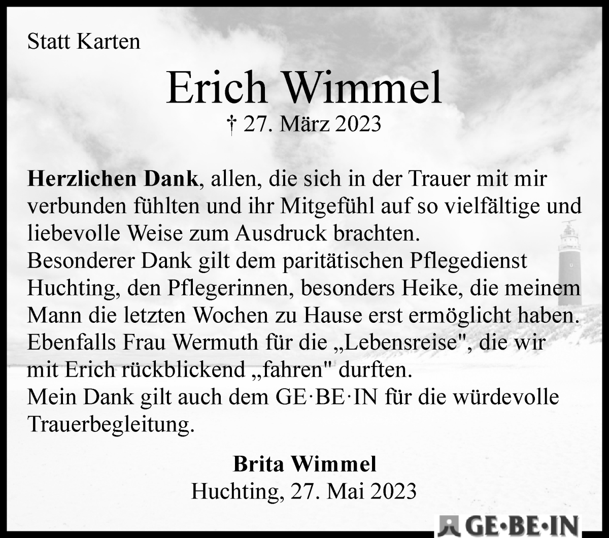 Traueranzeige von Erich Wimmel von WESER-KURIER