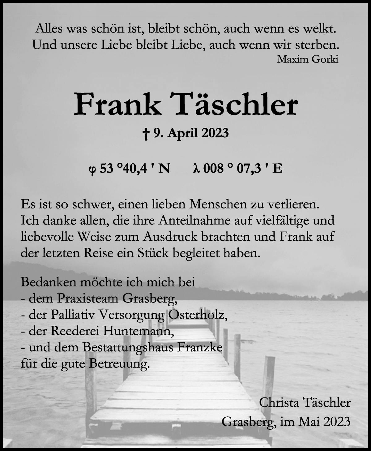 Traueranzeige von Frank Täschler von Wuemme Zeitung