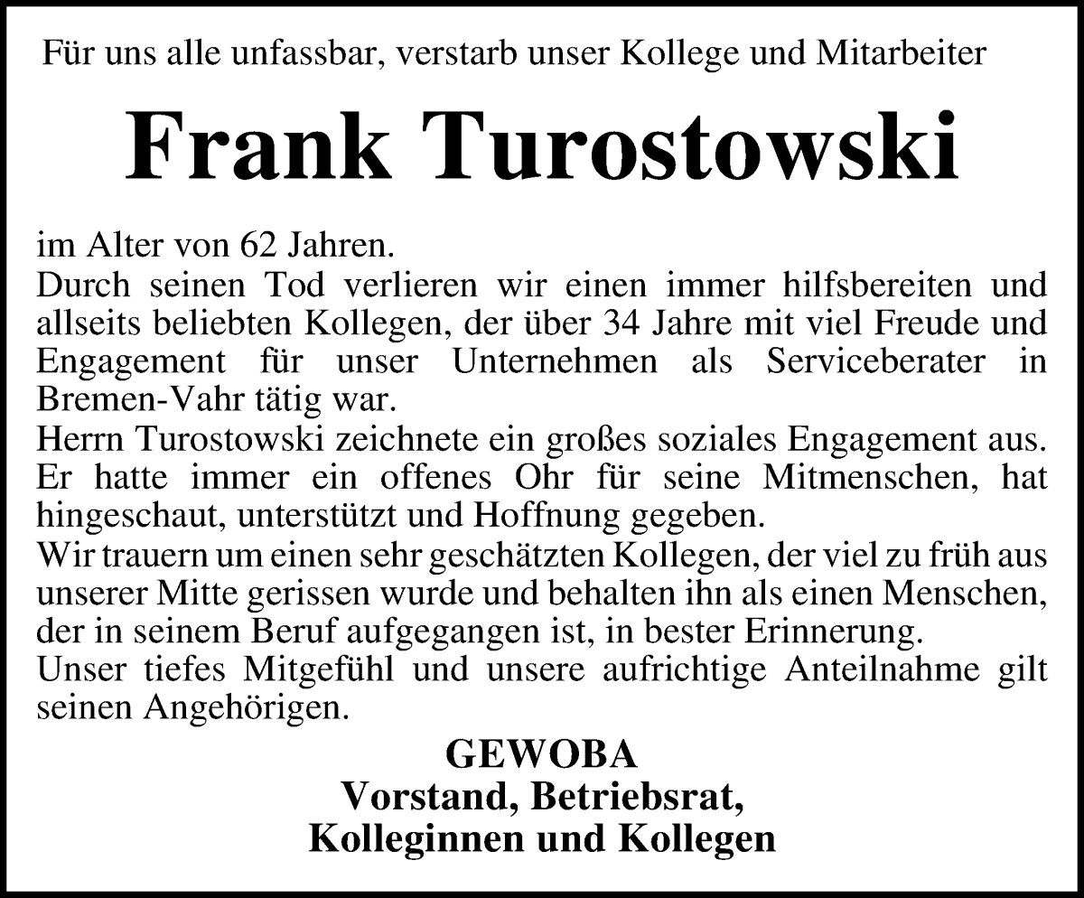 Traueranzeige von Frank Turostowski von WESER-KURIER