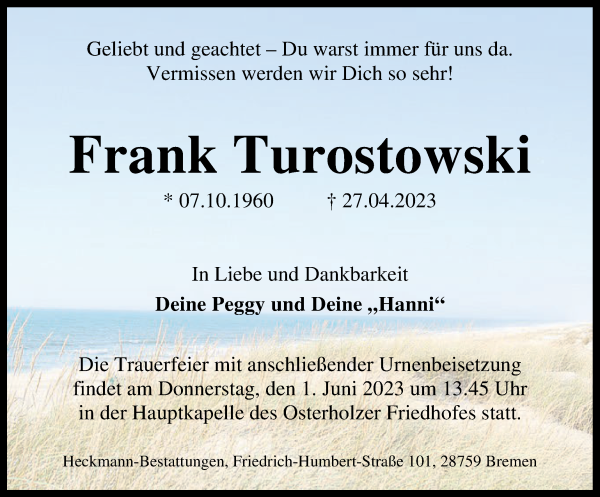 Traueranzeige von Frank Turostowski