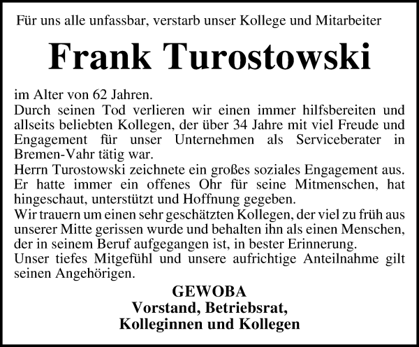 Traueranzeige von Frank Turostowski