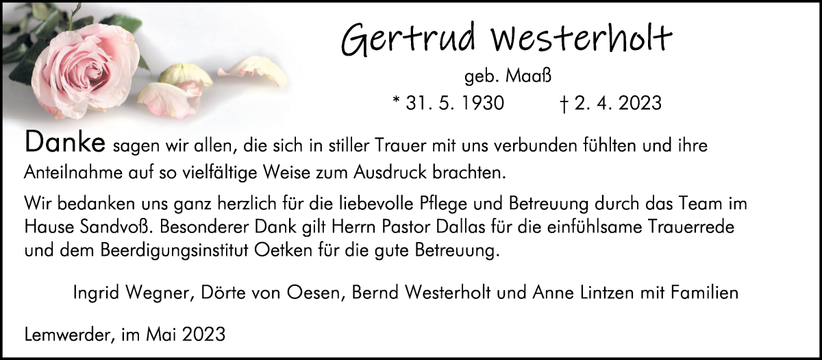 Traueranzeige von Gertrud Westerholt von Die Norddeutsche