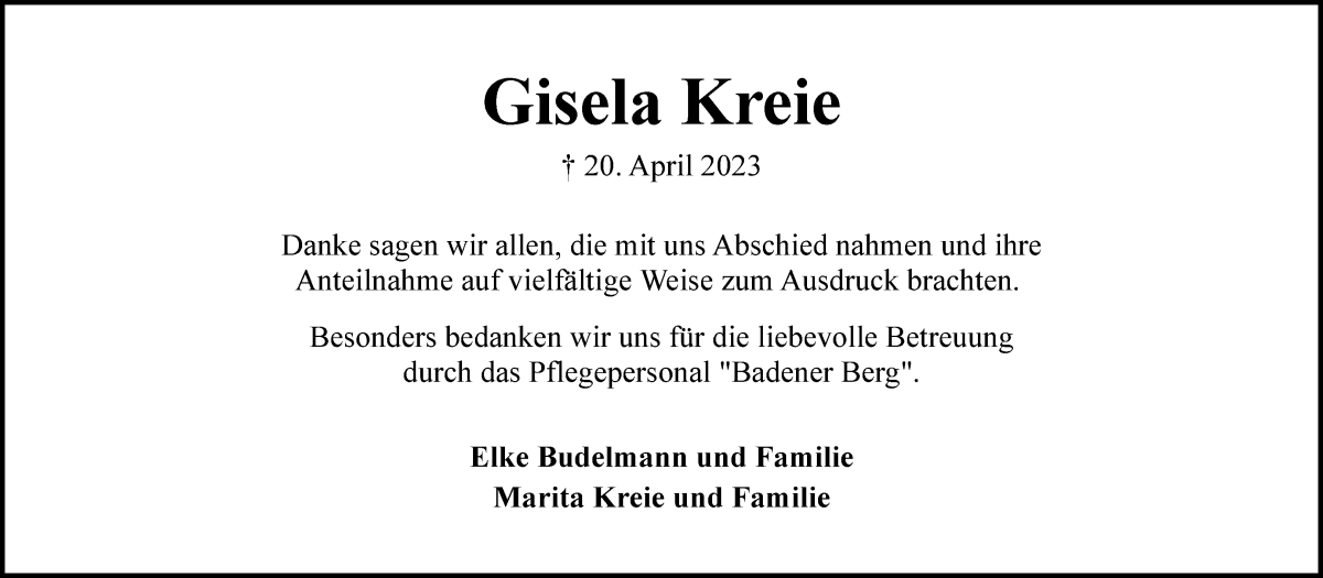 Traueranzeige von Gisela Kreie von WESER-KURIER
