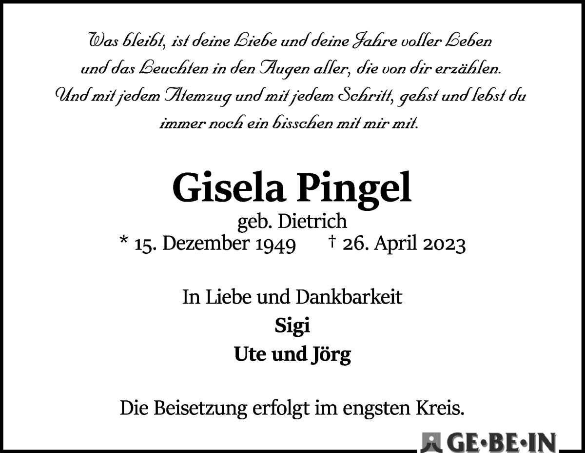 Traueranzeige von Gisela Pingel von WESER-KURIER