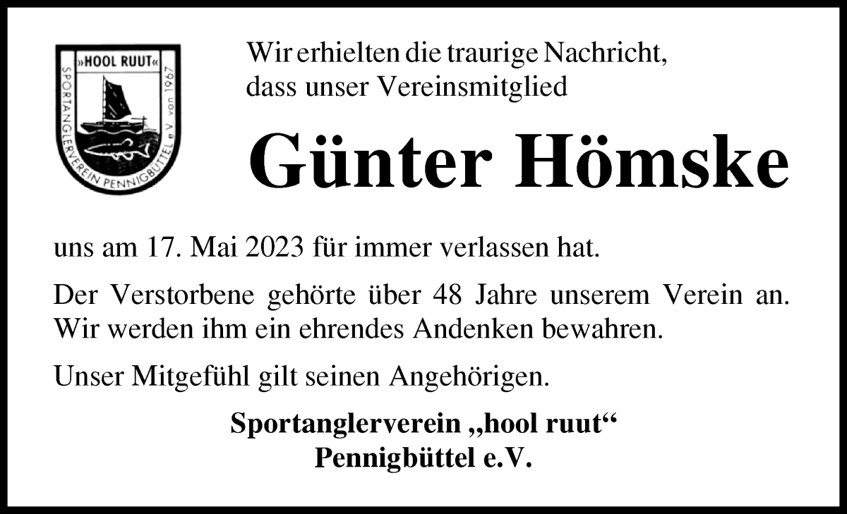  Traueranzeige für Günter Hömske vom 31.05.2023 aus Osterholzer Kreisblatt
