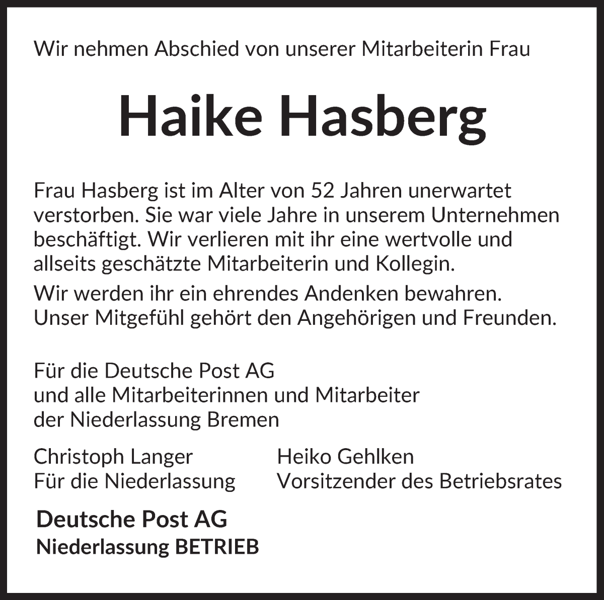  Traueranzeige für Haike Hasberg vom 27.05.2023 aus WESER-KURIER