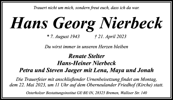 Traueranzeige von Hans Georg Nierbeck von WESER-KURIER