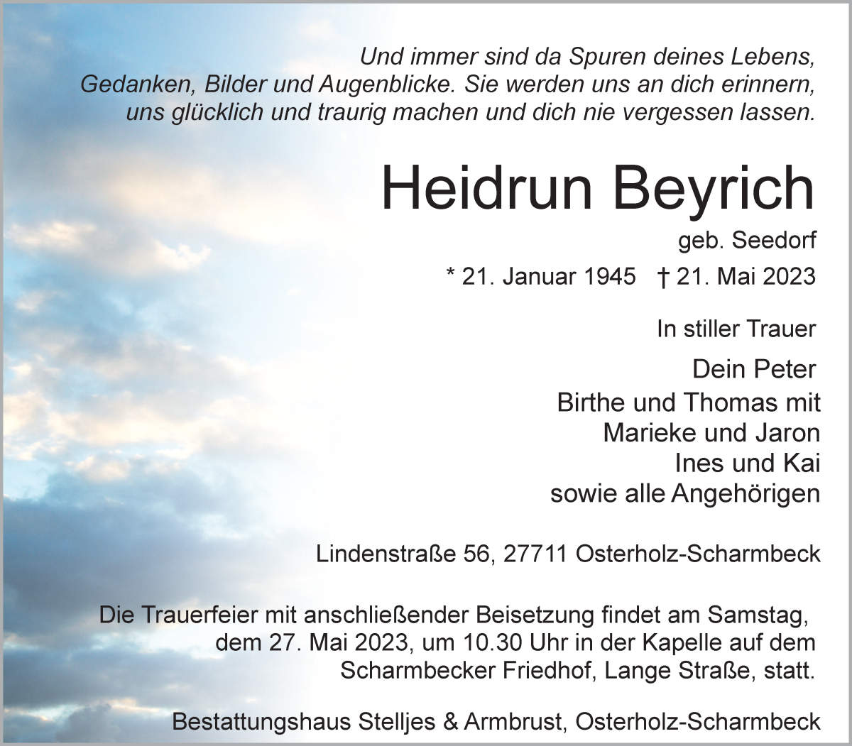  Traueranzeige für Heidrun Beyrich vom 24.05.2023 aus Osterholzer Kreisblatt
