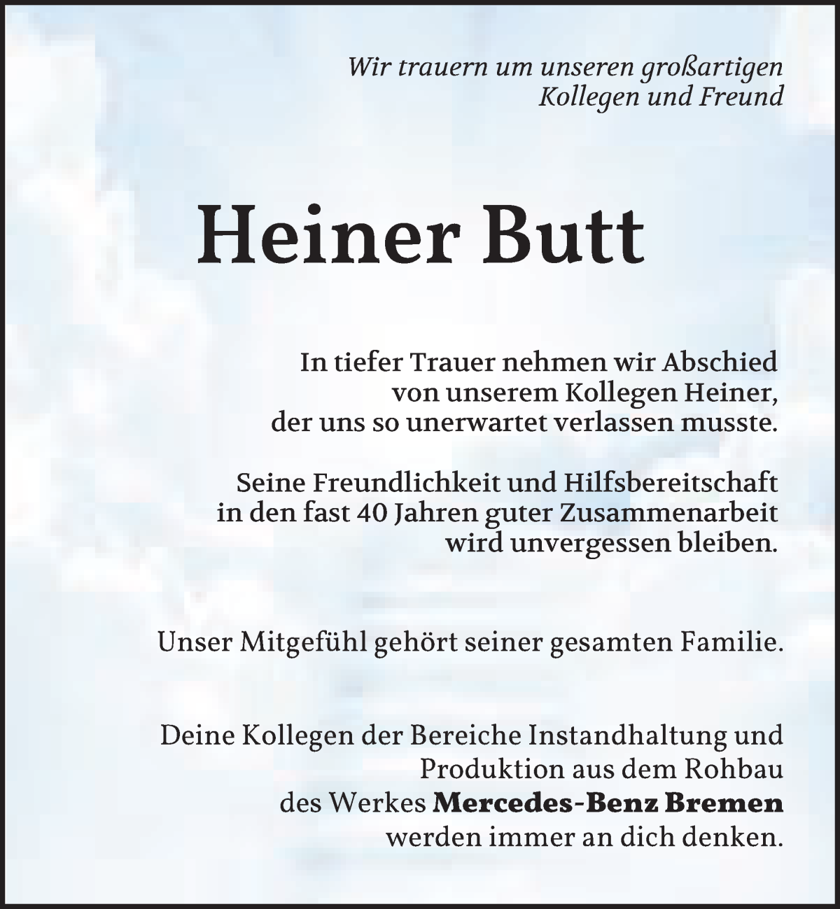  Traueranzeige für Heiner Butt vom 13.05.2023 aus Osterholzer Kreisblatt